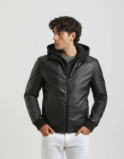 Bomber effetto pelle con cappuccio